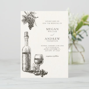 Classic wine bottle and grapes wedding invitation