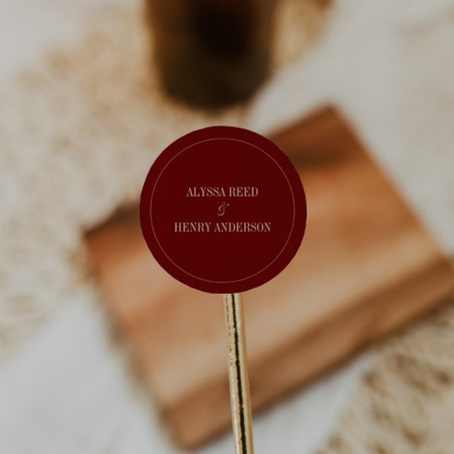 Classic Wine Red Bride & Groom Names Wedding Round Sticker (Creator Uploaded)