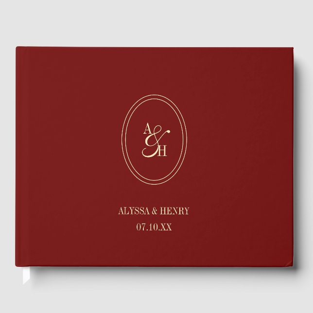 Classic Wine Red Monogram Custom Wedding Guest Book (Front)
