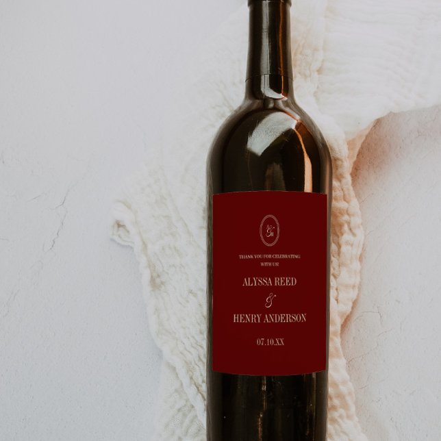 Classic Wine Red Monogram Wedding Thanks Wine Label (Creator Uploaded)
