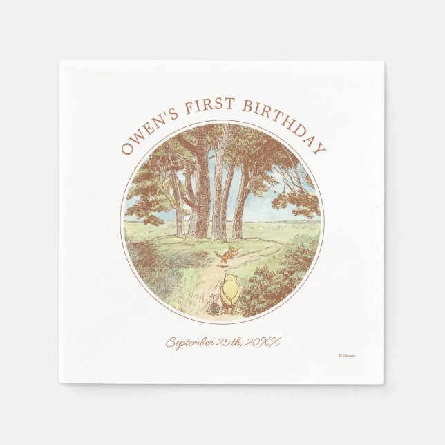 Classic Winnie the Pooh 100 Acre Wood 1st Birthday Napkins (Front)