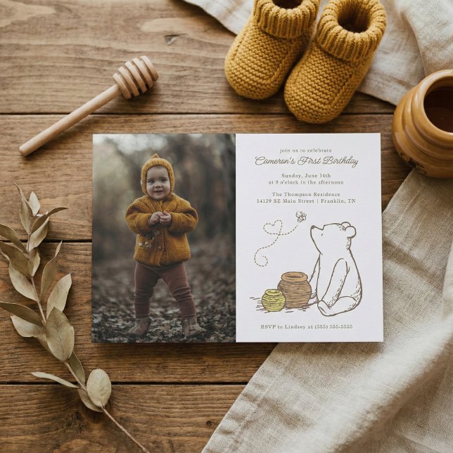 Classic Winnie the Pooh 1st Birthday - Photo Invitation (Creator Uploaded)