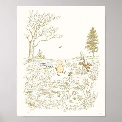 Classic Winnie the Pooh and Pals Line Art Nursery  Poster