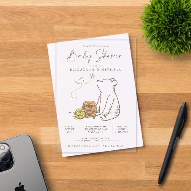 Classic Winnie the Pooh Baby Shower Acrylic Invitations (Insitu (Invitation Card))