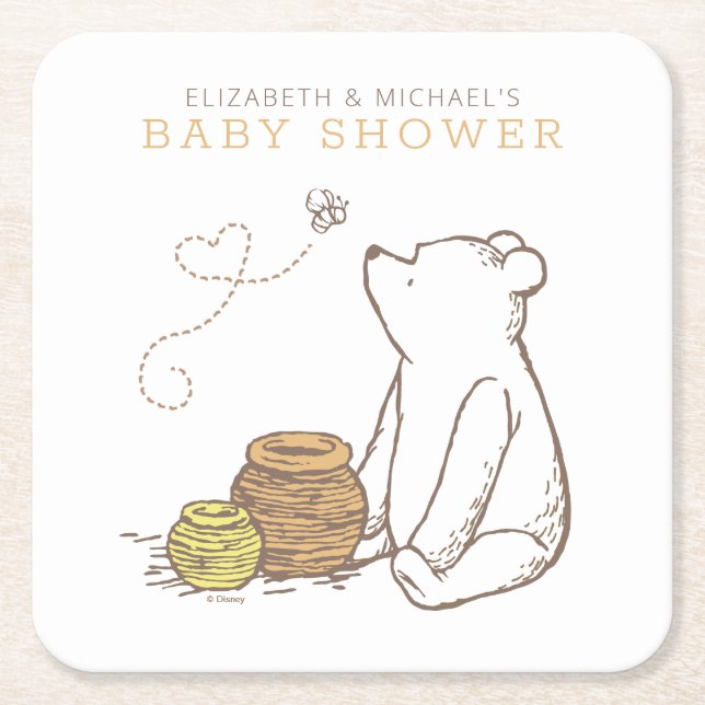 Classic Winnie the Pooh Baby Shower  Square Paper Coaster (Front)