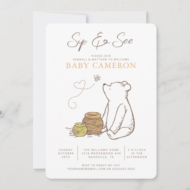 Classic Winnie the Pooh Baby Sip and See Invitation (Front)