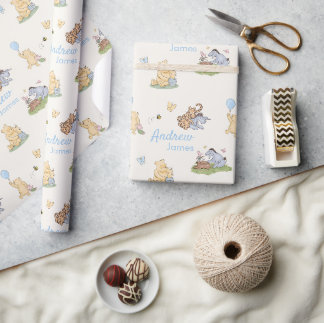 Classic Winnie the Pooh Blue Boy Baby Shower Gift Wrapping Paper