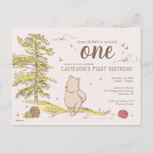 Classic Winnie the Pooh  First Birthday Invitation Postcard
