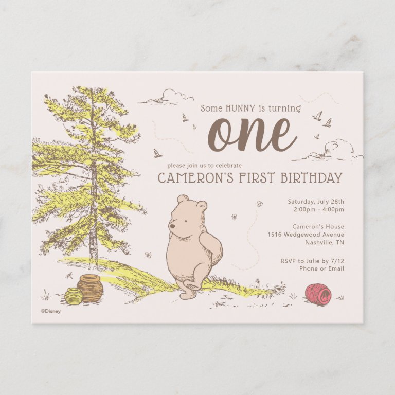 Classic Winnie the Pooh | First Birthday                    Invitation Postcard