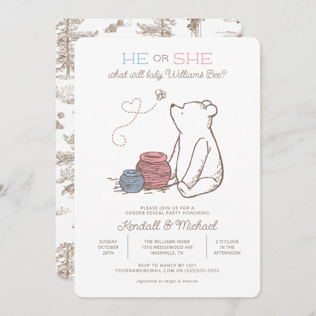 Classic Winnie the Pooh Gender Reveal Baby Shower Invitation (Front/Back)