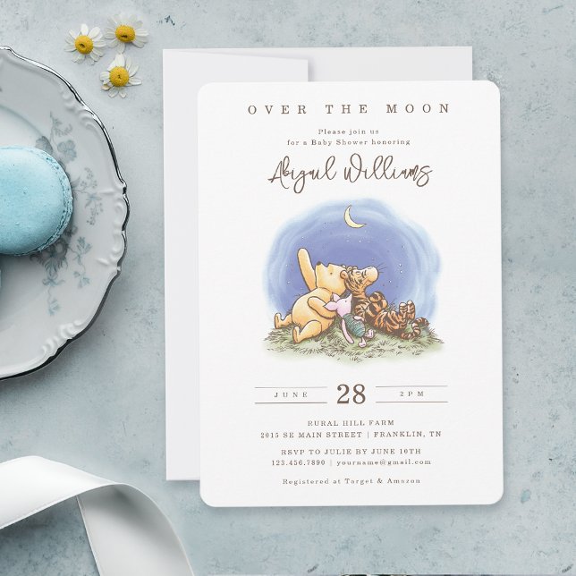 Classic Winnie The Pooh Over the Moon Baby Shower Invitation (Invitation on table)