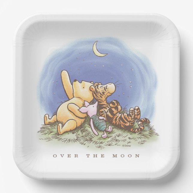 Classic Winnie The Pooh Over the Moon Baby Shower Paper Plates (Front)
