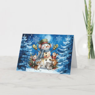 Classic Winter Blue Snowman & Woodland Animals Holiday Card