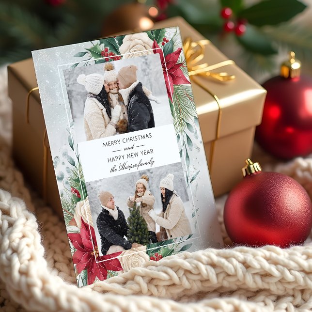 Classic Winter Botanical Two Photo Holiday Card (Creator Uploaded)