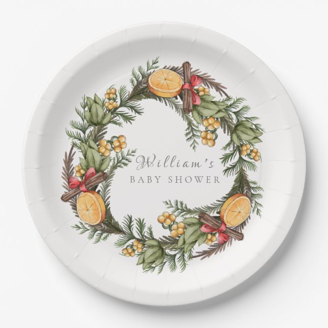 Classic Winter Christmas Wreath Baby Shower Paper Plates (Front)
