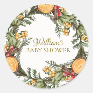 Classic Winter Christmas Wreath Baby Shower Round Sticker