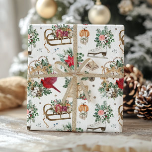 Classic Winter Clock and Poinsettia Christmas Wrapping Paper