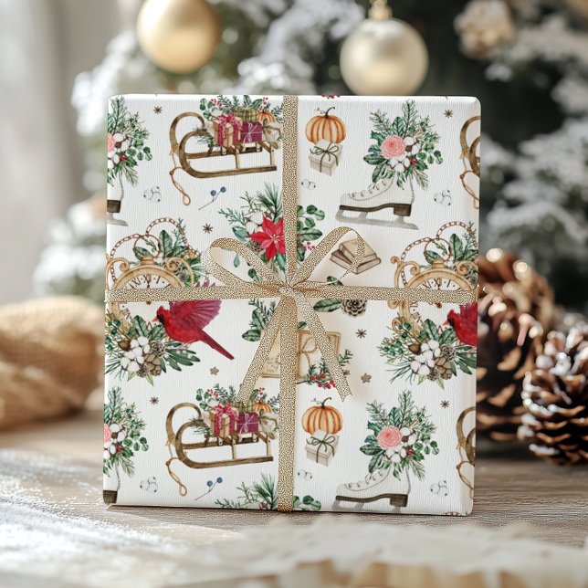 Classic Winter Clock and Poinsettia Christmas  Wrapping Paper (Creator Uploaded)