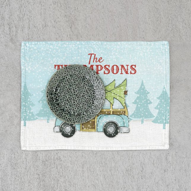 Classic Winter Decor Personalized Cloth Placemat (Whimsical winter car scene custom placemat.)