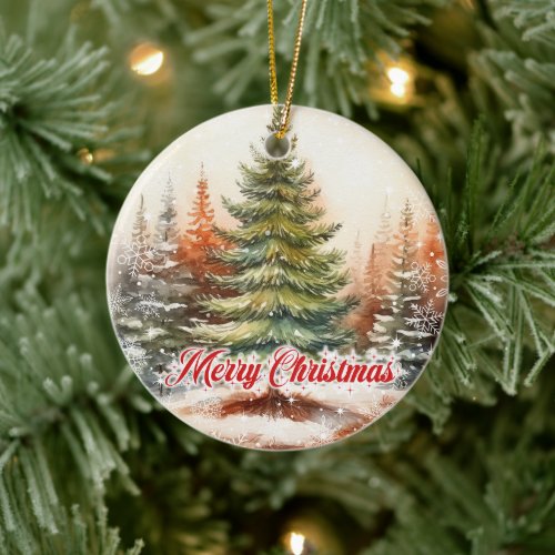Classic winter pine tree in winter forest ceramic ornament