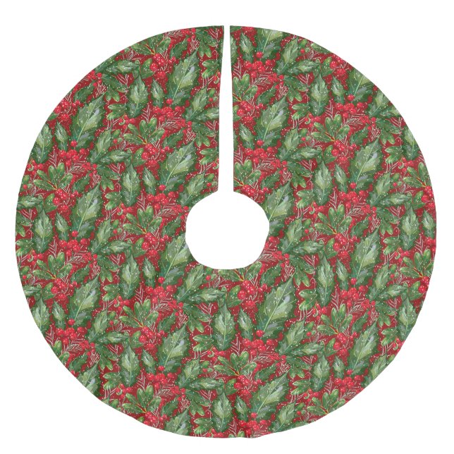 Classic Winter Snow Holly Christmas Brushed Polyester Tree Skirt (Front)