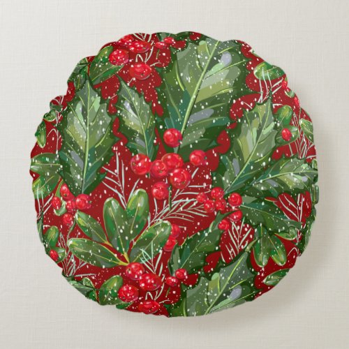 Classic Winter Snow Holly Christmas Round Pillow