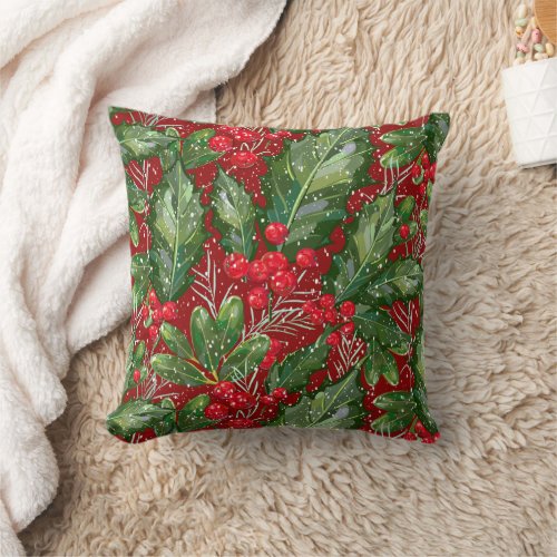 Classic Winter Snow Holly Christmas Throw Pillow