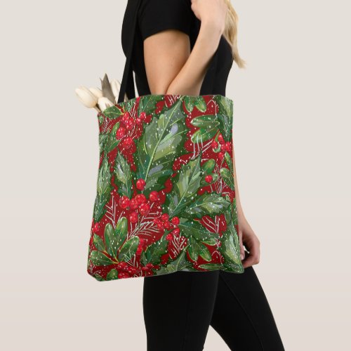 Classic Winter Snow Holly Christmas Tote Bag