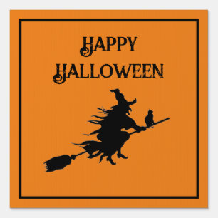 Classic Witch on Broom with Cat Orange & Black Sign