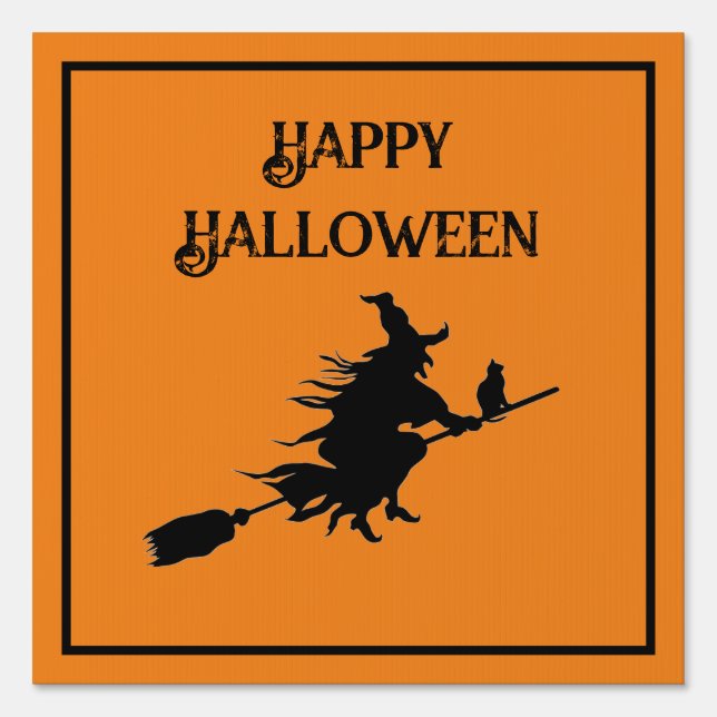 Classic Witch on Broom with Cat Orange & Black Sign (Front)