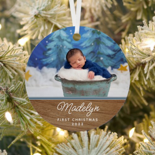 Classic Wood Babys First Christmas Photo Metal Ornament