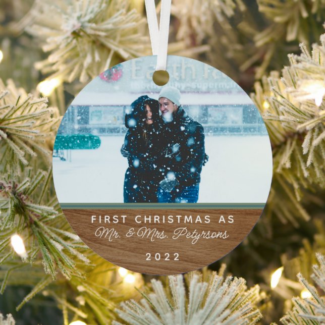 Classic Wood First Christmas Married Photo Metal O Ornament (Insitu)