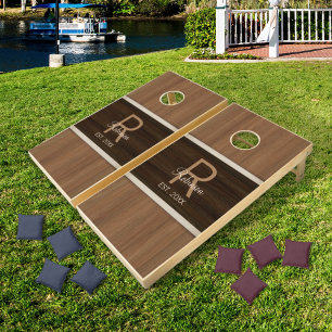 Classic Wood Hue Banded Stripe Baywood Walnut Cornhole Set