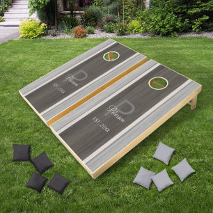 Classic Wood Hue Stripe Aged Teak Cornhole Set