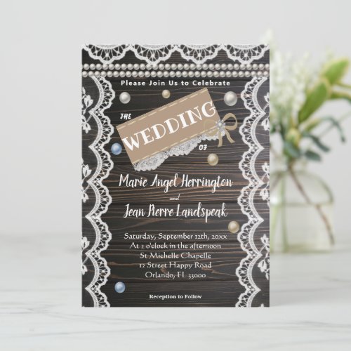 Classic Wood with Lace  Pearls Invitation