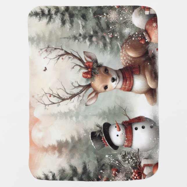 Classic woodland Christmas deer/snowman Baby Blanket (Front)