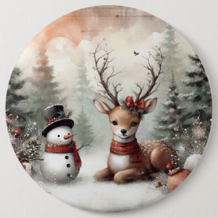 Classic woodland Christmas deer/snowman Button