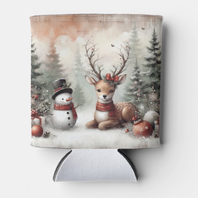 Classic woodland Christmas deer/snowman Can Cooler (Front)