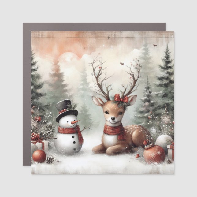 Classic woodland Christmas deer/snowman Car Magnet (Front)