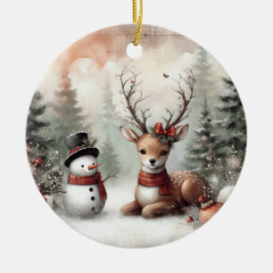 Classic woodland Christmas deer/snowman Ceramic Ornament