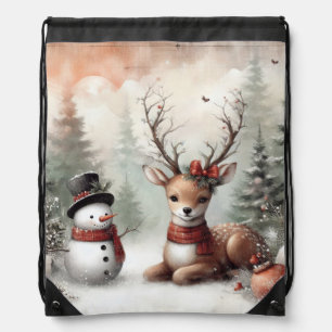 Classic woodland Christmas deer/snowman Drawstring Bag