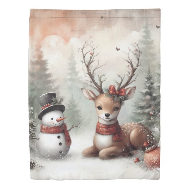 Classic woodland Christmas deer/snowman Duvet Cover (Front)