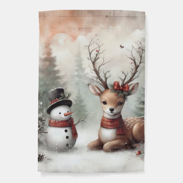 Classic woodland Christmas deer/snowman Garden Flag (Front)