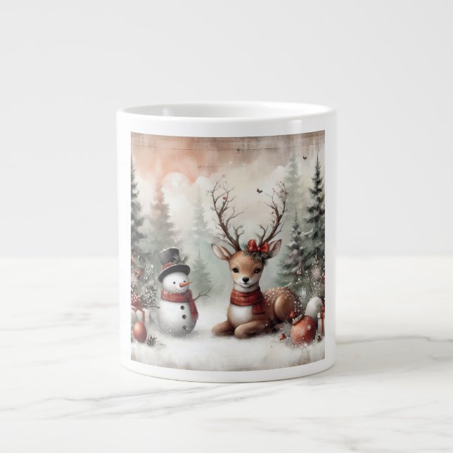 Classic woodland Christmas deer/snowman Giant Coffee Mug (Front)