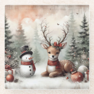 Classic woodland Christmas deer/snowman Glass Coaster