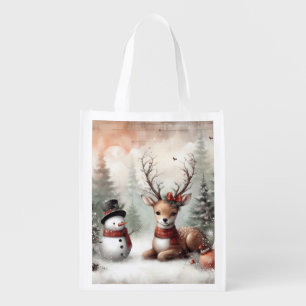 Classic woodland Christmas deer/snowman Grocery Bag