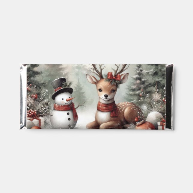 Classic woodland Christmas deer/snowman Hershey Bar Favors (Front)