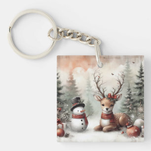 Classic woodland Christmas deer/snowman Keychain