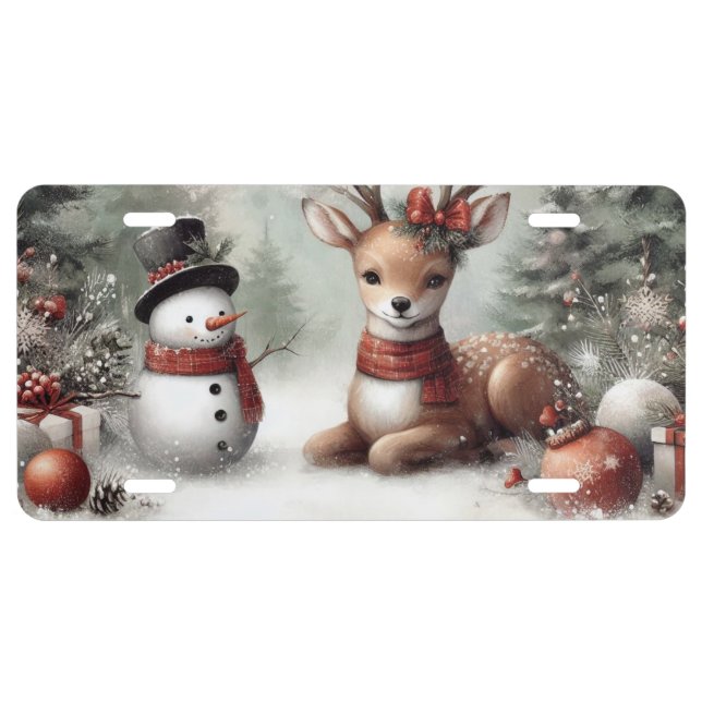 Classic woodland Christmas deer/snowman License Plate (Front)