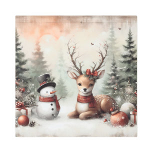 Classic woodland Christmas deer/snowman Metal Print